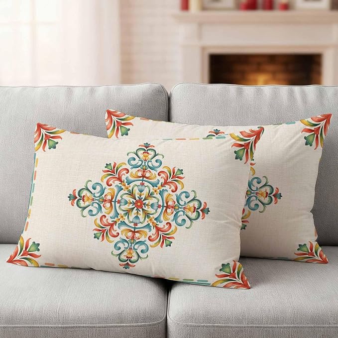 Geometric Flowers Outdoor Pillow Covers 20x12 Inch Lumbar Pillow Covers Set of 2 Waterproof Decorative Throw Pillow Cases Modern Abstract Colorful Floral on Linen Cushion Covers for Patio Furniture