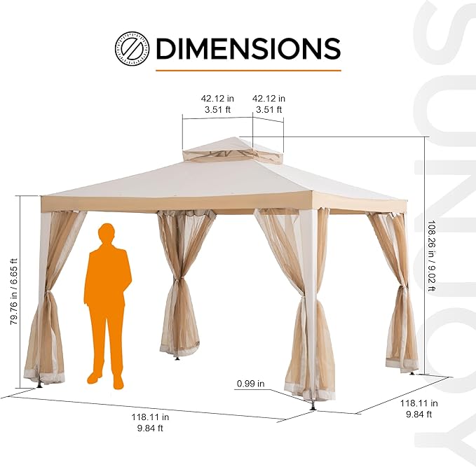 Sunjoy 10 x 10 ft. Soft Top Gazebo, Outdoor Patio Backyard Modern 2-Tier Steel Frame Gazebo with Mesh Netting - Grey & Khaki