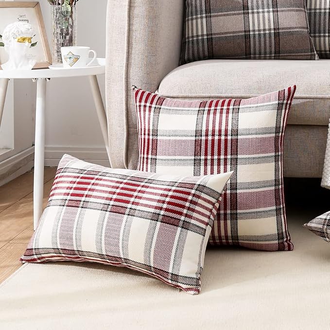 CARRIE HOME 24x24 Red Farmhouse Throw Pillow Cover Set of 2, Large Red Tartan Christmas Plaid Decorative Pillow Covers 24 x 24, Couch Pillows for Living Room Bedroom
