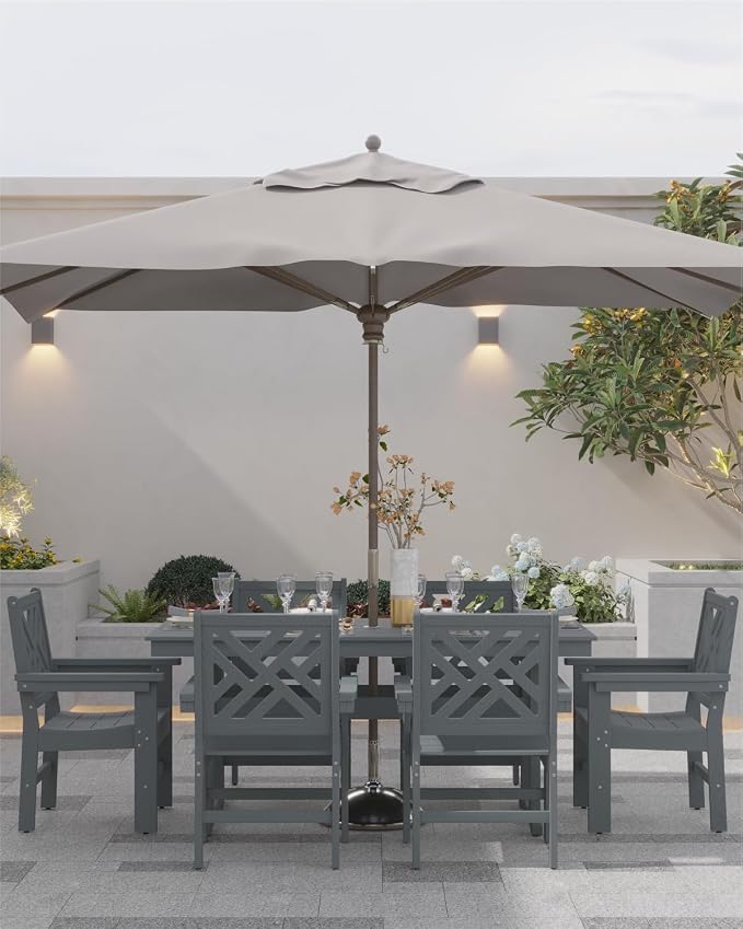 HDPE Outdoor Dining Set for 6,Patio Dining Set with Umbrella Hole,Weather Safe Outdoor Table and Chairs for Garden, Backyard, Poolside Gray