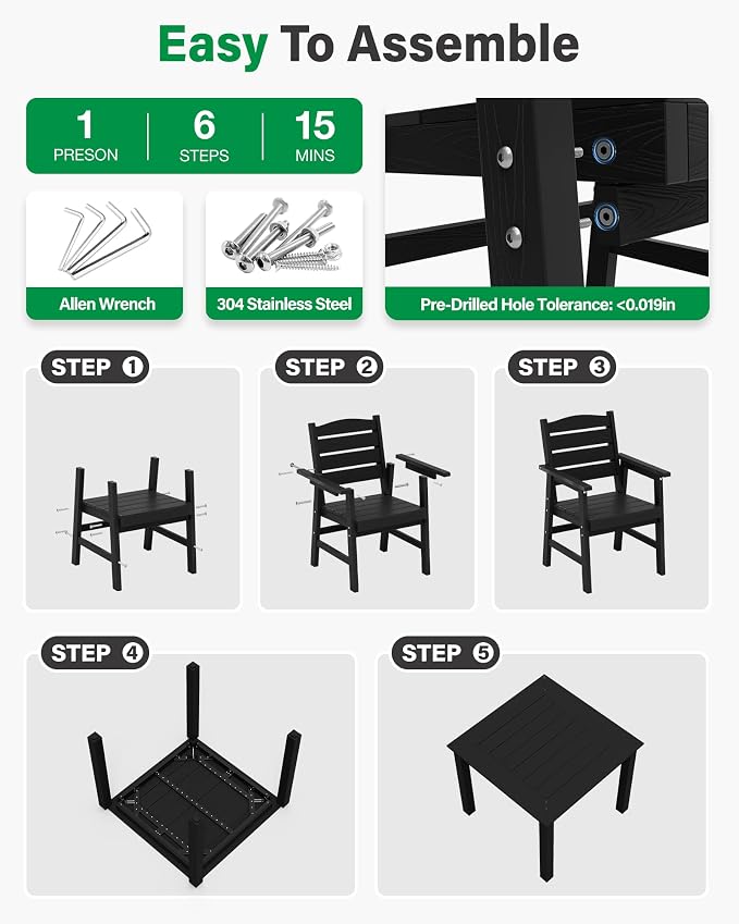 YEFU 5-Piece Outdoor Dining Set：Modern All-Weather Plastic Patio Dining Sets, Waterproof Easy-Clean Outdoor Table and Chairs - HIPS Square Furniture for Garden Poolside Backyard Deck（Black）