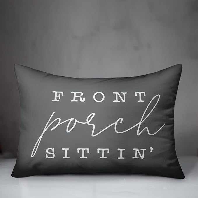 Front Porch Sittin' Grey and White Indoor/Outdoor Pillow | Decorative Pillows for Living Room Couch Bed Sofa Patio, Fluffy Soft Cushion | Water Resistant Gray, 14x20