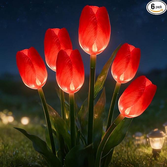 Solar Garden Lights Outdoor - Upgraded Brighter Tulip Lights with 6Pack Realistic Solar Flower,IP65 Waterproof Outdoor Garden Decor for Yard Lawn Pathway,Gift for Mom Women,Red