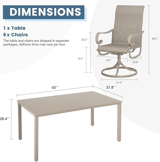 DIFY 7 Pieces Outdoor Patio Dining Set for 6, Swivel Dining Chairs with Sandshell Textilene and 63" Sandshell Rectangle Metal Dining Table, Outdoor Table and Chairs for Lawn Garden Backyard Deck