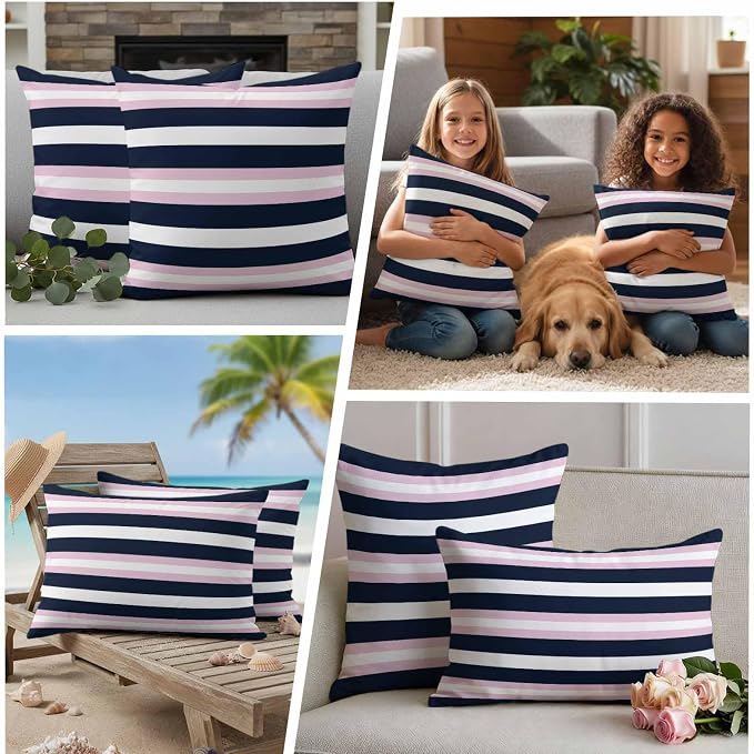 Pink Navy Blue Striped Waterproof Outdoor Pillow Covers Set of 2 Home Decor, Minimalist Abstract Lines Artwork Pillowcase Patio Pillow Covers for Couch Bench Furniture Garden 16x16in