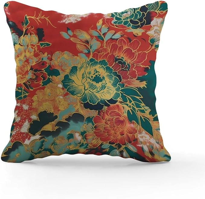 Pillowcase Animal Tiger Stripe Colorful Chinoiserie Cushion Cover Modern Peony Floral Asian Pillow Cover Accent Farmhouse Decor Pillow for Patio Couch Tent Sofa 16x16 in