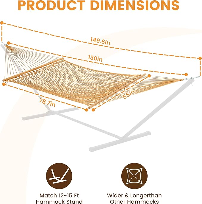 Lazy Daze Hammocks Double Rope Hammock, 2 Person Traditional Outdoor Hand Woven Cotton Rope Hammock with Spreader Bar, Carabiners, Tree Straps, Chains for Patio Yard - Max 450 Lbs, Tan