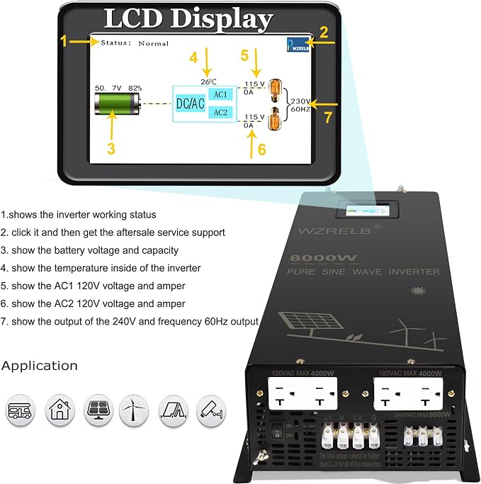 WZRELB 8000W 24V Pure Sine Wave Inverter,24 Volt DC to AC 120V 240V Split Phase Power Inverter,2*AC Hardwire Terminal,16KW Surge,High Efficiency up to 91.6% with LCD Display