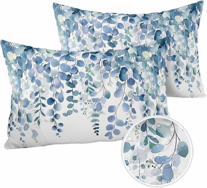 Outdoor Waterproof Pillow Covers Blue Eucalyptus Leaves Set of 2 Decorative Outdoor Pillowcases Watercolor Plant Leaf Cushion Cases for Patio Funiture Garden Couch Bench 12 x 20 Inches