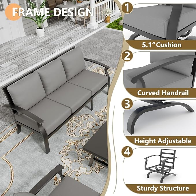 Metal Patio Furniture Set,4 Pieces 5 Seats Patio Sectional Outdoor Furniture Set with Rectangular Coffee Table,Patio Conversation Sets with 5.1" Thickened Cushions,GreyGrey