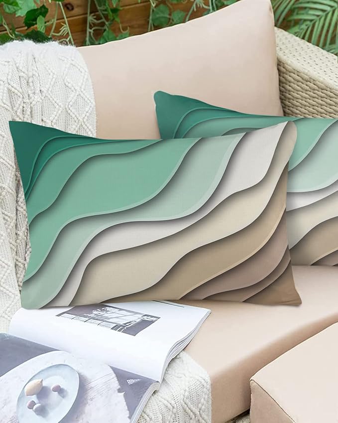 Outdoor Waterproof Pillow Covers for Patio Furniture Green Modern Geometric Decorative Throw Pillow Cover Brown Ombre Abstract Pillowcases Set of 2 Cushion Case for Sofa Couch 20 x 12 Inches