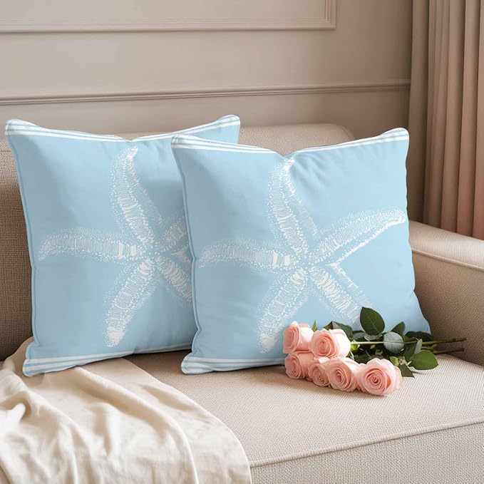 Coastal Starfish Outdoor Waterproof Throw Pillow Covers 24"x24" Set of 2, Ocean Starfish Summer Stripe Sky Blue Decorative Garden Pillowcase with Zipper Cushion Case for Patio Couch Tent