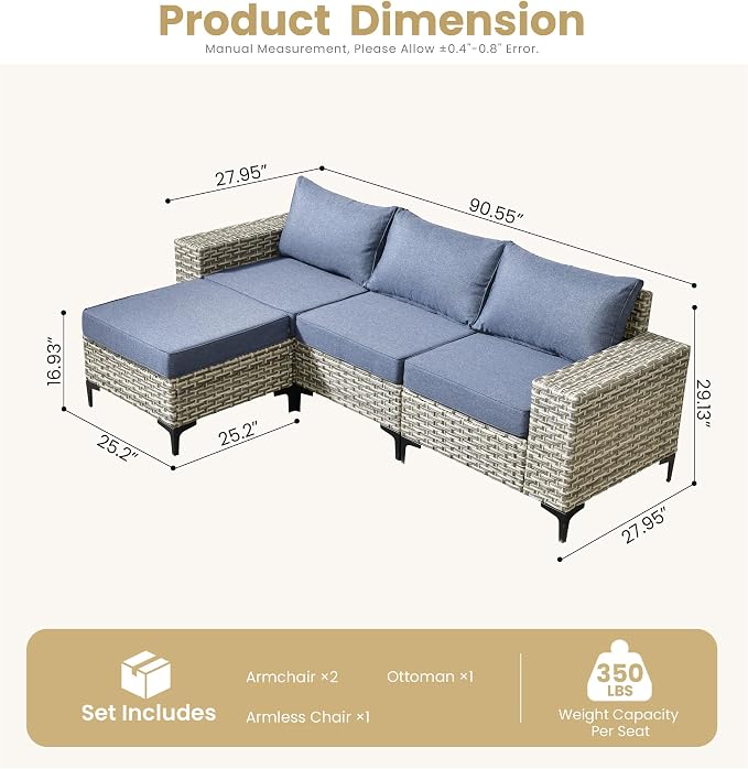 HOOOWOOO Outdoor Sectional Furniture Set,4 Pieces Wicker Patio Conversation Sets,L Shape All Weather Outside Couch Sofa with Ottoman,Denim Blue