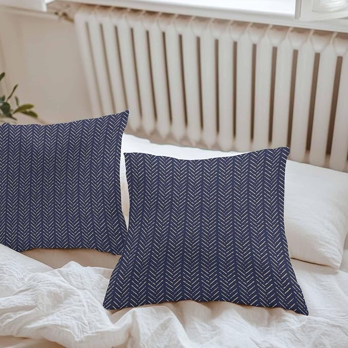 Vandarllin Outdoor Throw Pillows Covers 18x18 inch Set of 2 Waterproof Navy Blue Stripes Decorative Zippered Cushion Covers for Patio Furniture, Modern Art Lines Lumbar Pillowcases