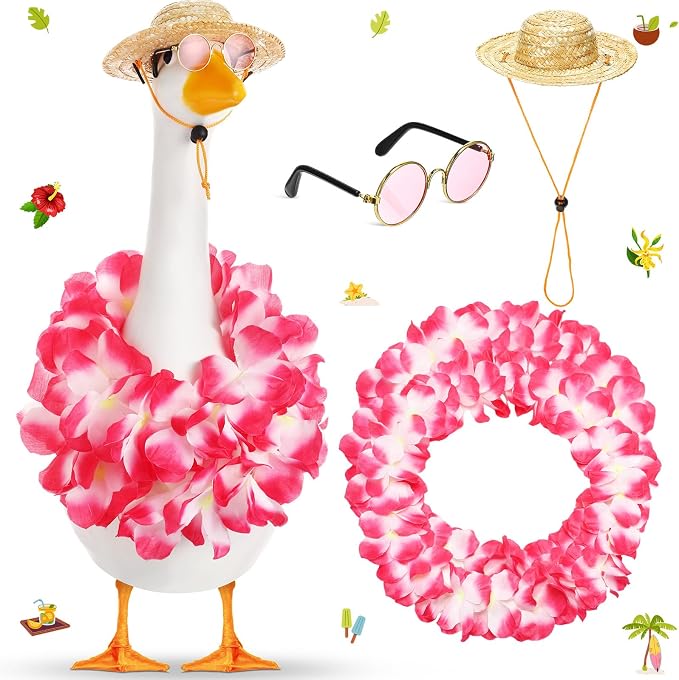 Shyyween Summer Porch Goose Outfits for Plastic Goose 23/17'' Hawaiian Lawn Patio Statue Clothes Straw Hat and Hawaiian Lei Costume(Pink)