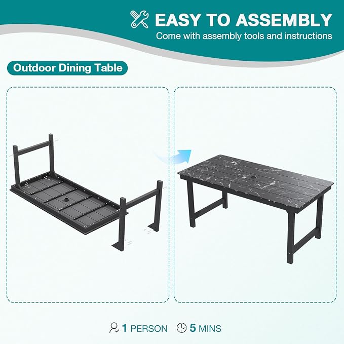 Mdeam 7-Piece HIPS Outdoor Dining Set, 66.9" Marble Texture Patio Table with Umbrella Hole, 440LBS Capacity, 6 Wider Chairs,Dining Table Set for 6, Outdoor Furniture with Galvanized Steel Frame, Black