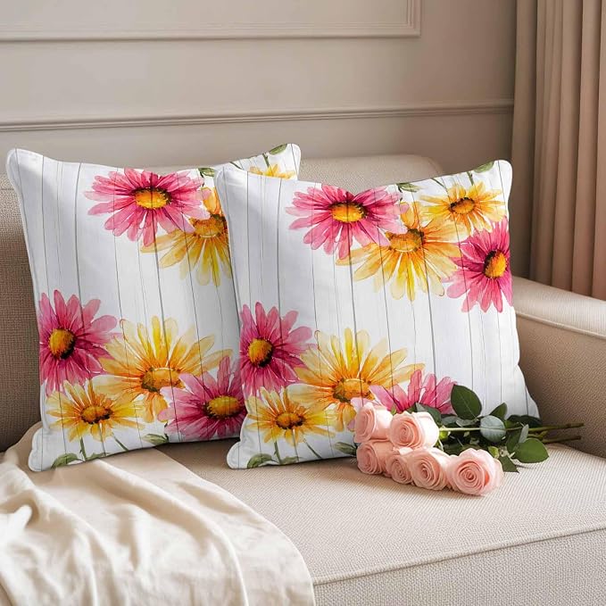 Yellow Pink Daisy Outdoor Pillow Covers 16"x16" Set of 2, Rustic Farmhouse Wooden Slats Waterproof Throw Pillow Covers for Patio Furniture, Decorative Cushion Covers for Porch