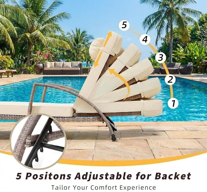 GarveeLife Outdoor Wicker Chaise Lounge Chair with Cushion, Metal Frame Patio Reclining Lounge Bed, All-Weather Rattan Sun Lounger for Poolside, Garden, Backyard & Balcon,Brown Wicker, Beige Cushion