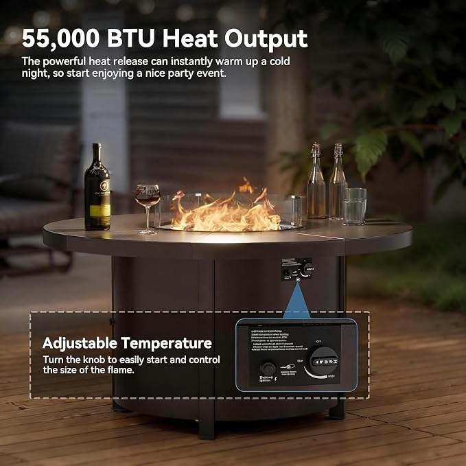 7 Piece Metal Outdoor Patio Furniture Set with 48" Round Propane Fire Pit, Outdoor Dining Table Set with 6 Fixed Chairs and 55000 BTU Outdoor Fire Pit, Sand
