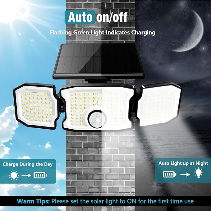 Solar Flood Lights Outdoor- 2800LM 200LED Solar Motion Sensor Lights, 3 Heads & 3 Modes Flood Lights, 270° Wide Angle Solar Powered Security Lights for Yard, Garage(2 Pack)