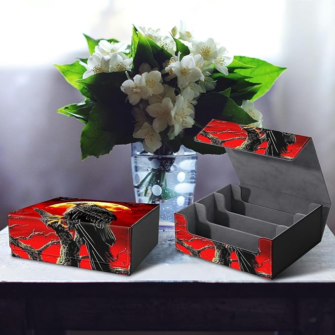 Card Deck Box for MTG, Cards Storage Box Fits 120+ Sleeved, Leather Big Size Strong Magnetic Closing Case for Board Games Magic TCG CCG Baseball Collection Women Man, Red Sky Eagle