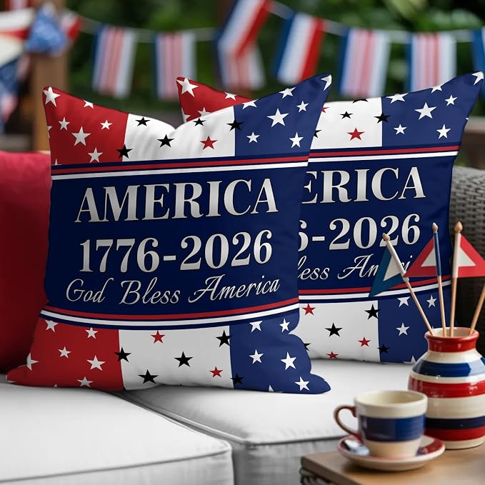 America 250th Anniversary Outdoor Pillow Covers 18"x18" Set of 2, God Bless America Patriotic Star Strip Waterproof Throw Pillow Covers for Patio Furniture, Decorative Cushion Covers for Porch