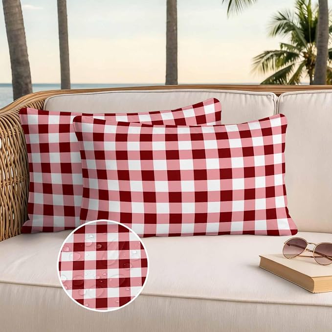 Red Farmhouse Waterproof Outdoor Pillow Covers Set of 2 Home Decor, Gradient Buffalo Plaid Lattice Grid Pillowcase Patio Pillow Covers for Couch Bench Furniture Garden 20x12in