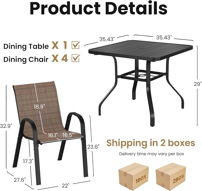 Soohow 5-Piece Outdoor Dining Set, Outdoor Patio Table and Chairs Set, 4 x Stackable Chairs & 1 x Outdoor Table with Umbrella Hole, All-Weather Patio Dining Sets for Poolside, Backyard and Porch