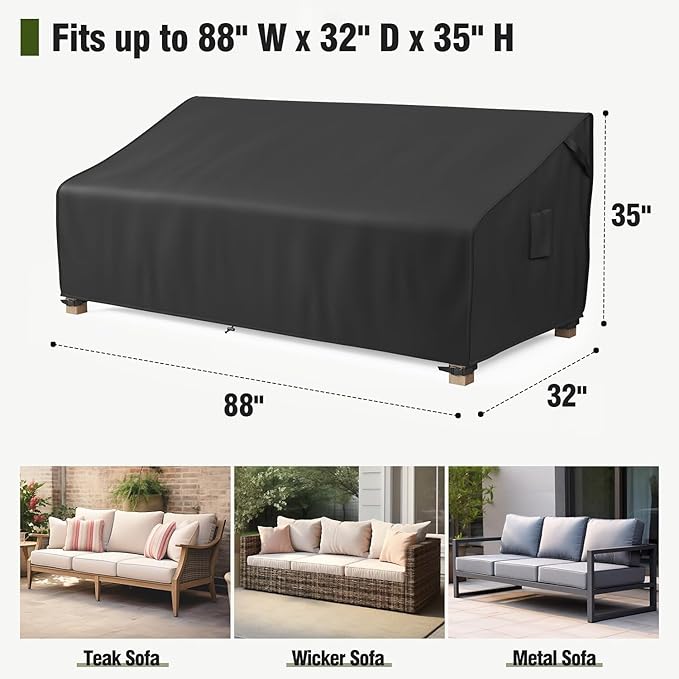 MR.COVER 3-Seater Outdoor Couch Cover Waterproof, Patio Furniture Cover for Sofa, Heavy Duty Outdoor Sofa Covers, Polyester & Double-Stitched Seams, Fits up to 88" W x 32" D x 35" H, Classic Black