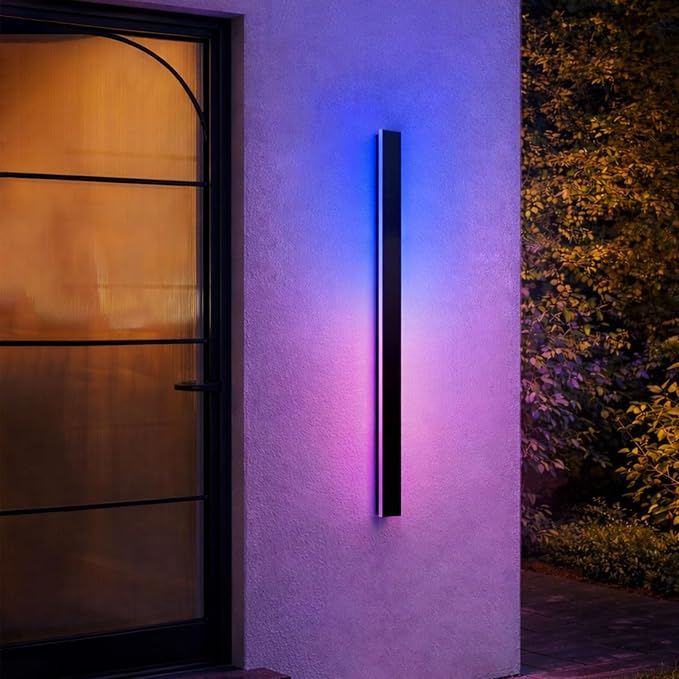 Outdoor Wall Lights, 47.3 Inch Black Exterior Light Fixtures Wall Mount, RGB Modern Porch Lights Wall Sconce, Long Linear Wall Outside Lighting for House, Garage, Front Door