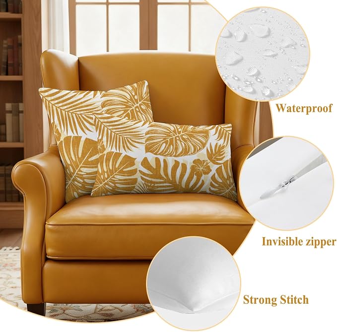 Vintage Yellow Palm Leaves Outdoor Pillow Covers 18"x18" Set of 2, Tropical Botanical Minimalist Modern Waterproof Throw Pillow Covers for Patio Furniture, Decorative Cushion Covers for Porch