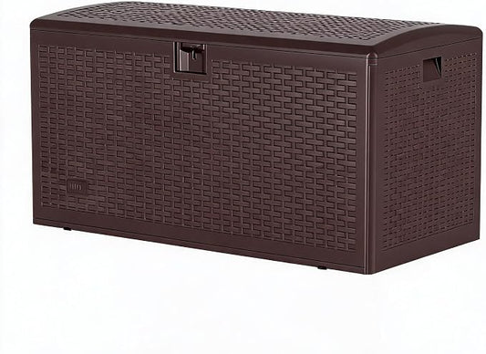 Spacious 73 Gallon Outdoor Storage Box – Lockable Waterproof & UV-Resistant Resin Deck Bench – Ideal for Patio Cushions, Garden Tools, Pool Accessories – Brown, Webbing
