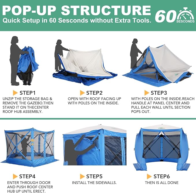 COBIZI 10x10 FT Pop up Gazebo, Popup Canopy Tent,Screened in Gazebos with sidewalls, Waterproof Portable Outdoor Small Screen Tents Sun Shelter,carpas para Patio for Camping, Garden and Backyard,Blue