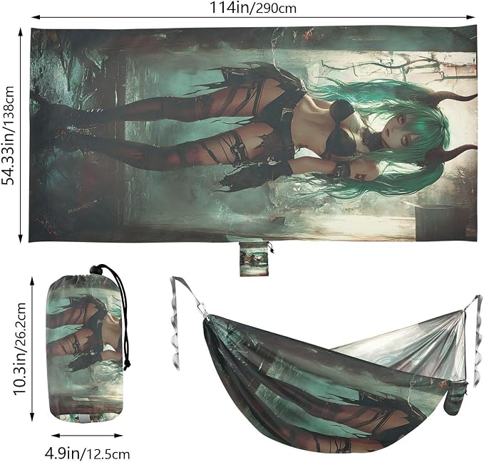 Green - Haired Demon Girl Art Outdoor Hammocks Foldable Swing Hammock for Camping & Hiking Essential