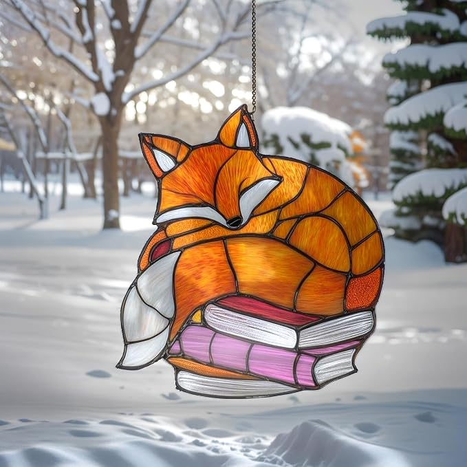 Sleeping Fox Book Acrylic Suncatcher, Bookish Suncatchers for Window Hanging Ornament, Art Garden Decor for Book Lover Reader Bookworm, Gifts for Mother's Day, Mom, Grandma, Wife, Women, Nana