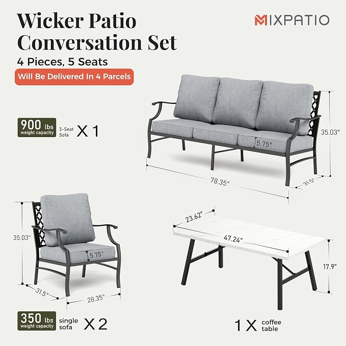 MIXPATIO Patio Furniture Set 4 pcs, Metal Outdoor Patio Furniture, 3-Seat Sofa, 2 Single Chairs, Metal Coffee Table and 5.75" Extra Thick Cushion, Patio Conversation Set for Garden Backyard Deck,Grey