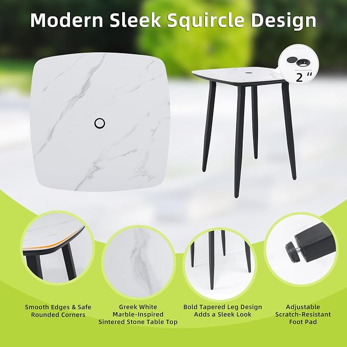 Modern 5-Piece Outdoor Patio Bar Table Set for 4, Small Square Marble Stone Table with 4 Weather-Resistant Swivel Bar Chairs, Aluminum Frame and Umbrella Hole, Sunbrella Cushion