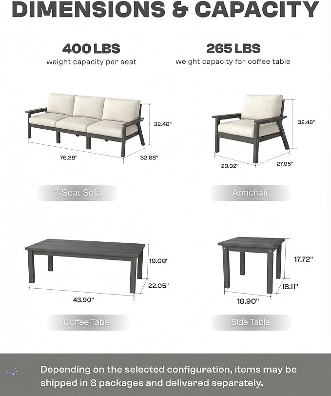2 Piece HDPE Outdoor Furniture Set with Beige Cushions (Gray Frame) | All-Weather HDPE, Modular Design, Extra-Deep Seating, Thick Cushions, Ideal for Backyard, Deck & Porch