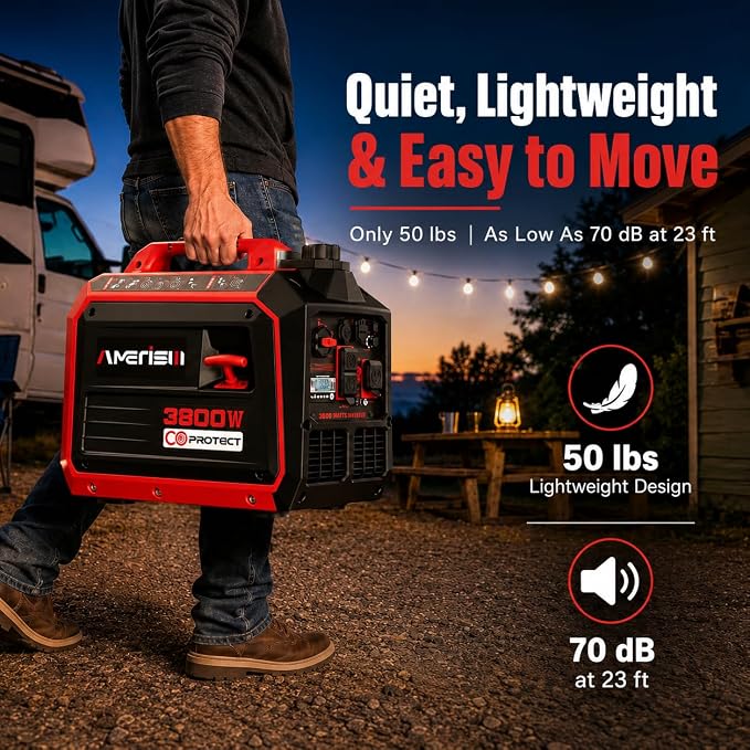 AMERISUN Portable Inverter Generator, 3800W Gas Powered Generator, Super Quiet for Home Use, ECO Mode, CO Sensor, Parallel Capable Long Run Time for Camping Tailgating, EPA Compliant