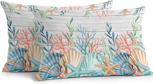 Lumbar Pillow Covers 20x12 Inch Set of 2, Summer Coastal Waterproof Outdoor Pillow Covers, Nautical Sea Coral Shell Starfish Wood Gray Decorative Cushion Pillowcases for Couch, Sofa, Bed, Patio