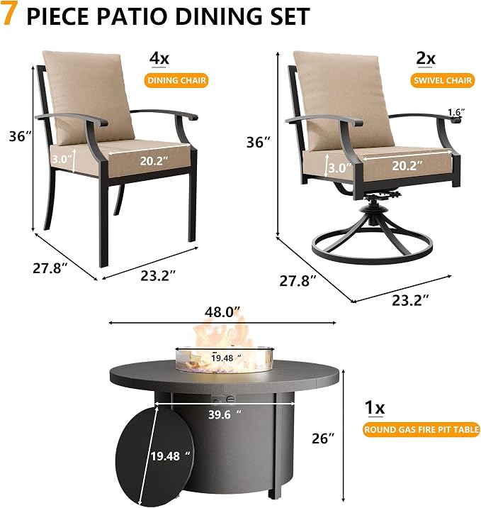 Kullavik 7 Piece Metal Outdoor Patio Furniture Set with Fire Pit Table,Outdoor Dining Table Set with 4 Fixed Chairs,2 Swivel Chairs and 55000 BTU Outdoor Round Fire Pit,Sand