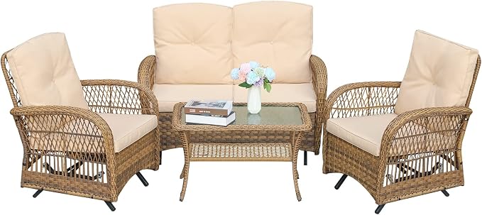 VIVIJASON 4-Piece Outdoor Patio Wicker Conversation Sets, All Weather Outdoor Rattan Furniture Set Includes Glider Loveseat, Coffee Table, 2 Glider Rocker Chairs with Cushions for Lawn Garden Balcony