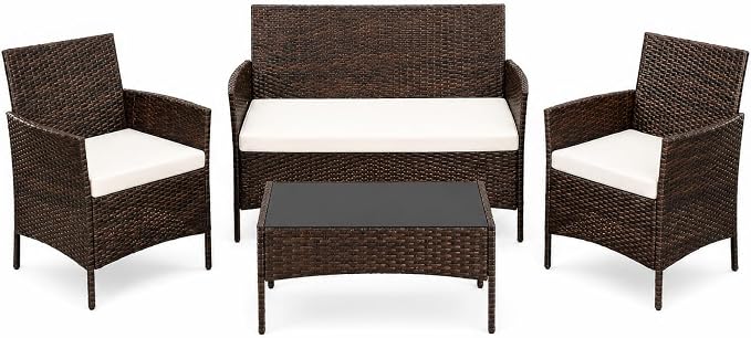 4 Piece Outdoor Patio Furniture Set, All-Weather Gray Wicker Rattan Conversation Set with Cushions, Loveseat, Chairs & Coffee Table for Porch, Backyard & Balcony