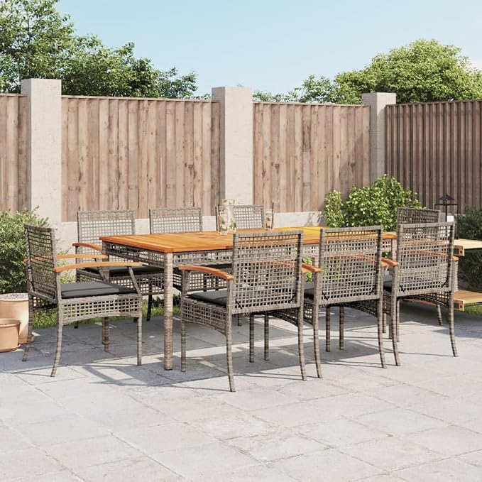 9 Piece Patio Dining Set with Cushions Gray Poly Rattan Outdoor Table and Chairs for Garden Backyard Deck Entertaining Acacia Wood Top