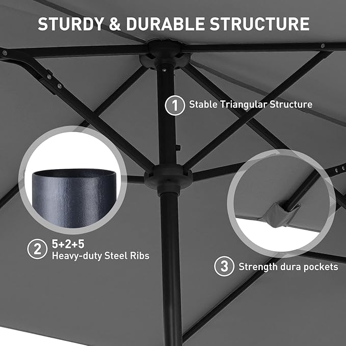 13 ft Patio Umbrella with Base, Large Rectangle Outdoor Umbrella with Matching Stand, Strap, Crank, Grey