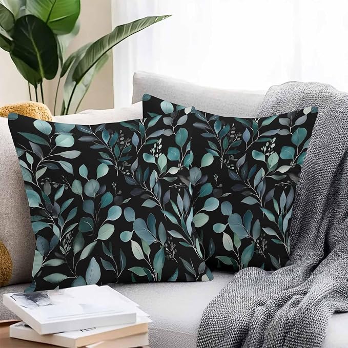 Throw Pillow Covers 18x18 Inch Set of 2, Teal Black Botanical Waterproof Outdoor Pillow Covers, Spring Eucalyptus Leaves Greenery Decorative Cushion Pillowcases for Couch, Sofa, Bed, Garden, Patio