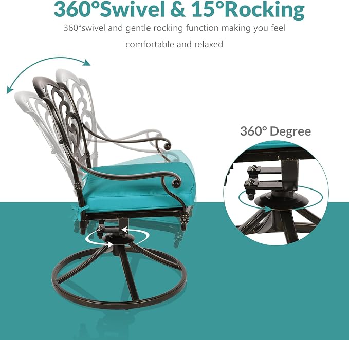 MEETWARM 5-Piece Outdoor Patio Dining Set, All-Weather Cast Aluminum Patio Conversation Set for Backyard Garden Deck with 4 Cushions Swivel Rocker Chairs and 35.4" Round Table, Ocean Blue