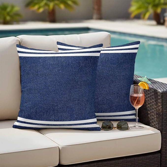 Denim Texture Outdoor Waterproof Throw Pillow Covers 16 x 16 Inches Set of 2 Denim Texture Welcome Navy Blue Decorative Cushion Cover Pillowcase for Garden Patio Tent Beach Livingroom Sofa Couch