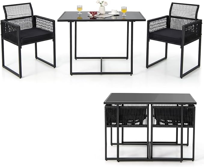 Tangkula 3 Pieces Outdoor Dining Set, PE Rattan Patio Furniture Set with Folding Backrest, Cozy Seat Cushions, Tempered Glass Tabletop, Space-Saving Bistro Table and Chairs Set of 2 for Backyard Pool