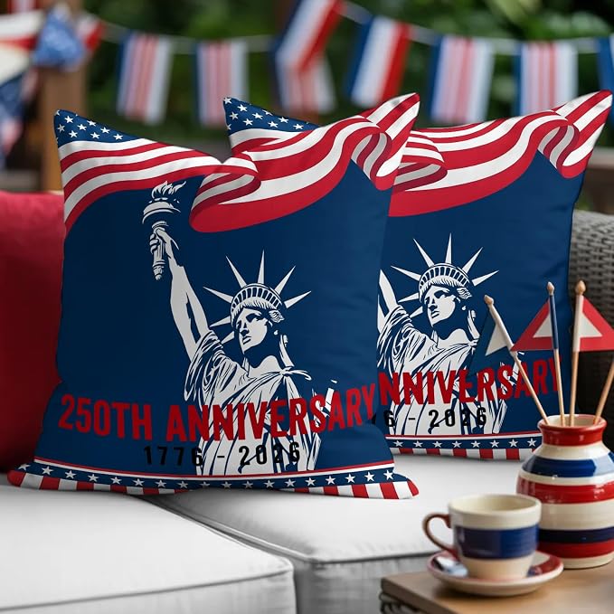 250th Anniversary Outdoor Pillow Covers 18"x18" Set of 2, Statue of Liberty Independence Day Waterproof Throw Pillow Covers for Patio Furniture, Decorative Cushion Covers for Porch